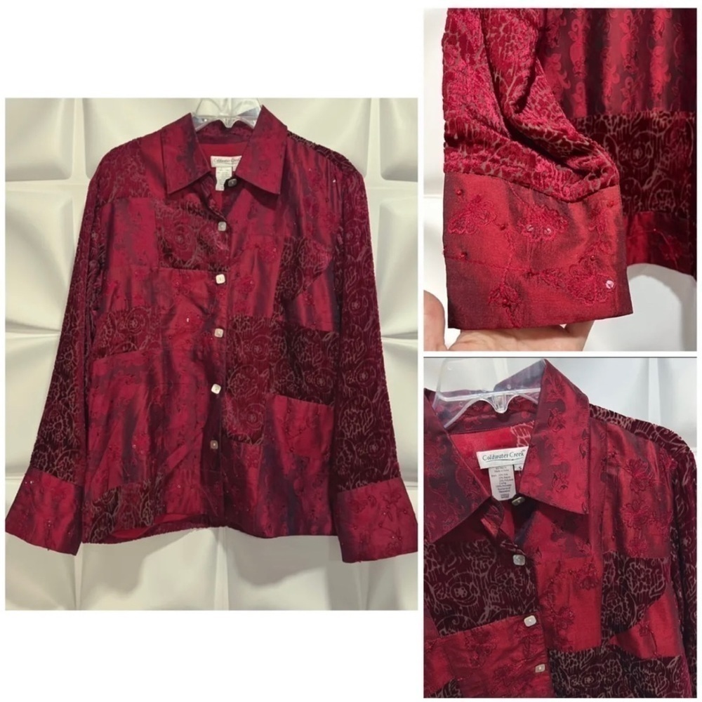 Coldwater Creek Womens Sz S Red Silk Jacquard Patchwork Velvet Beaded Blouse Top